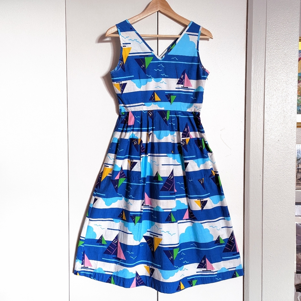 Vintage Sailboat Cotton Midi Sundress S